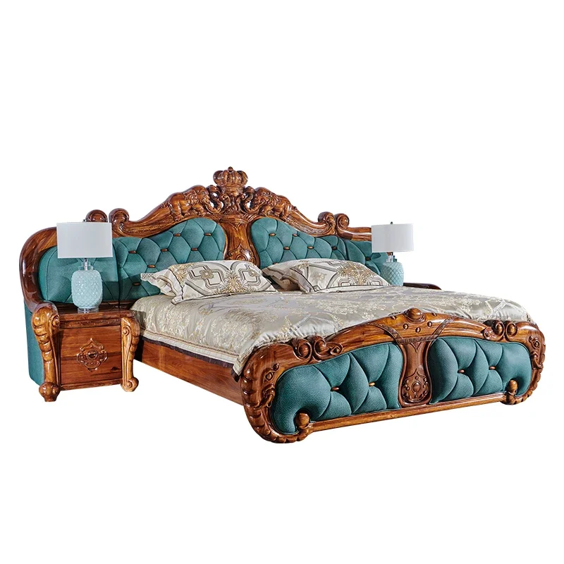 Ebony European Elephant Carved Double Bed Solid Wood Luxury Bedroom Furniture Genuine Leather Soft Bag King Bed