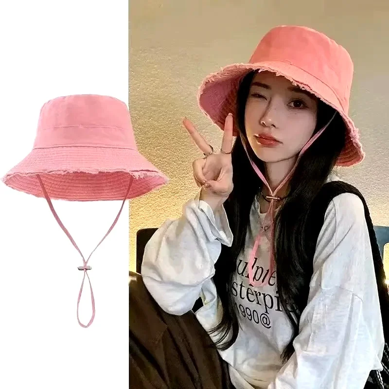 Summer Fisherman Cap for Women Korean Pink Large-Brimmed Bucket Hat Outdoor Beach Travel Sunshade Panama Hats