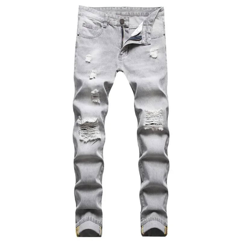 

Hole Jeans Straight Pencil Pants Men Stretch Mid Waist Skinny Denims Distressed Washed 2025 Streetwear Ankle Length Trousers