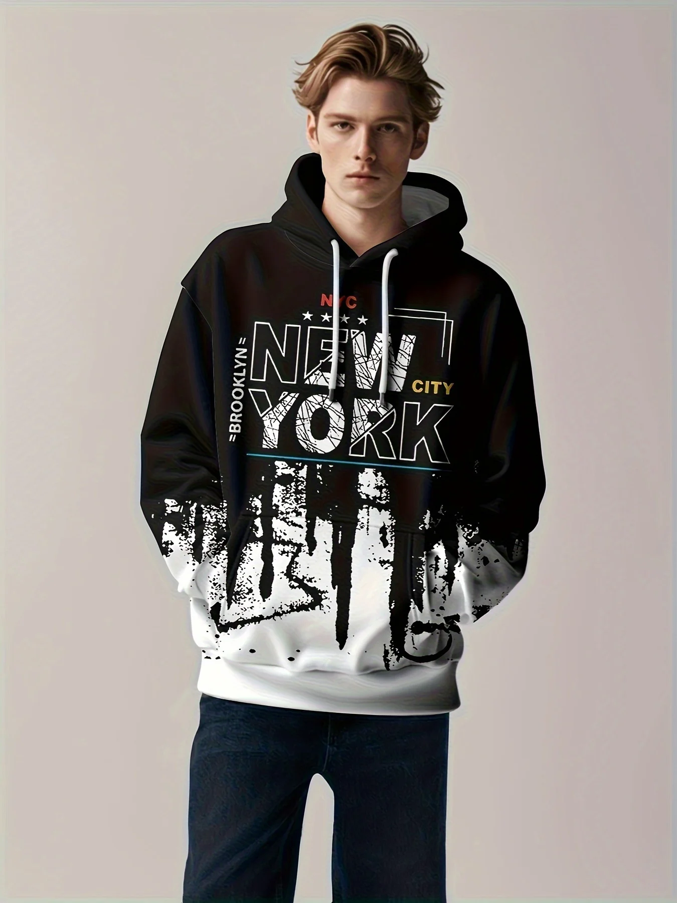 New model: men’s hooded long-sleeve loose-fitting casual printed basic sweatshirt. Perfect for young people in spring, summer, a
