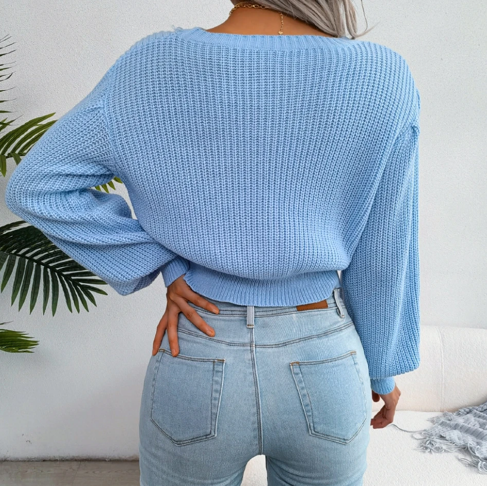 Women's Casual Fried Dough Twists Lantern Sleeve Knitting Sweater Autumn New Fashion Womens Waist Cinched Crop Knitted Pullovers