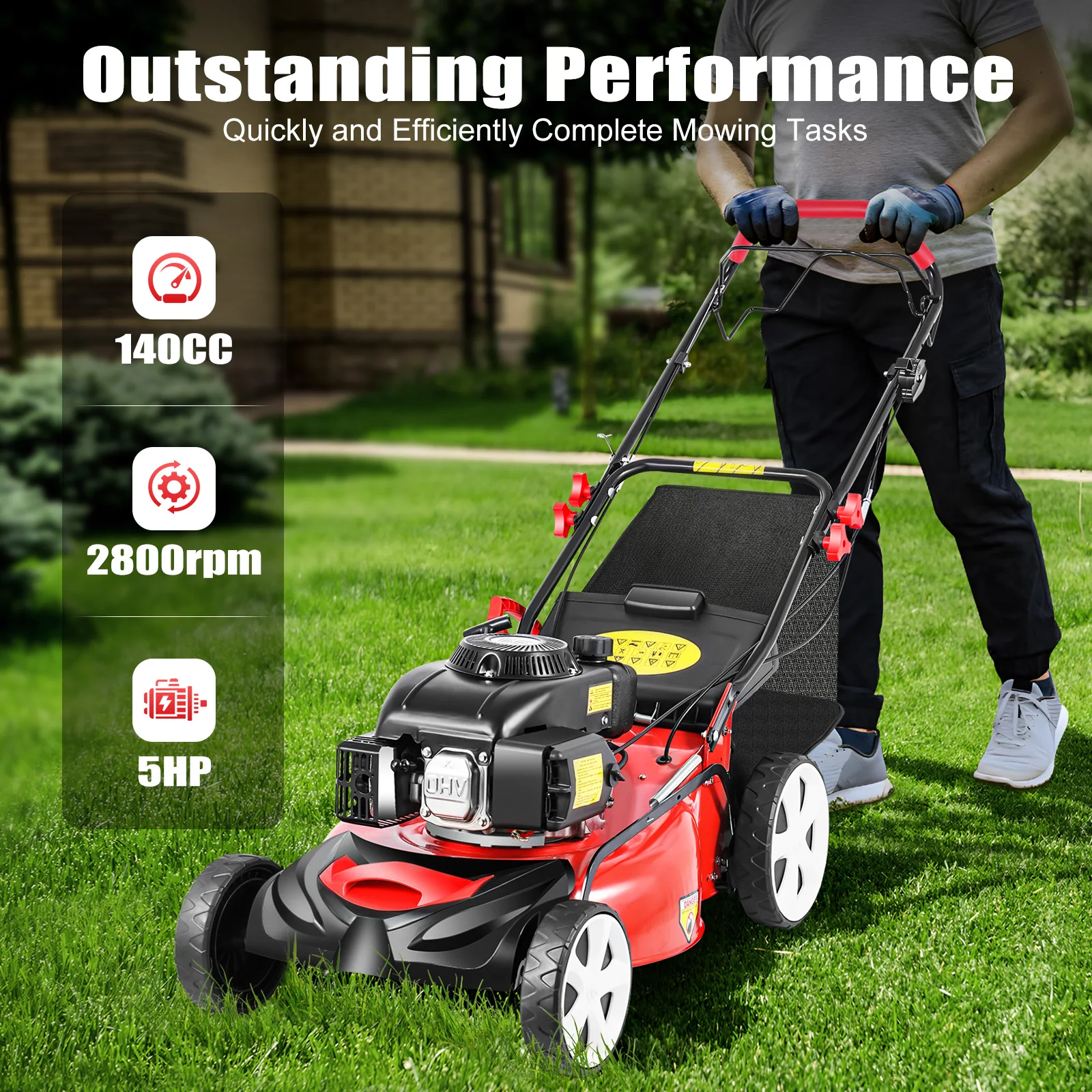 5HP 140CC Self-propelled Gas Lawn Mower Lawnmower 4-stroke Engine 8 Gears to Adjust Mowing Height 1-3.2Inch Mowing Width 20Inch