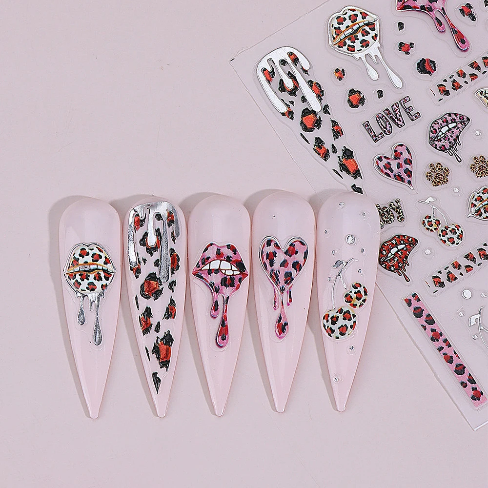 5D バレンタインデーネイルアートステッカー Y2K ピンクヒョウ柄ラブハート唇自己粘着ネイルデカール DIY マニキュア装飾