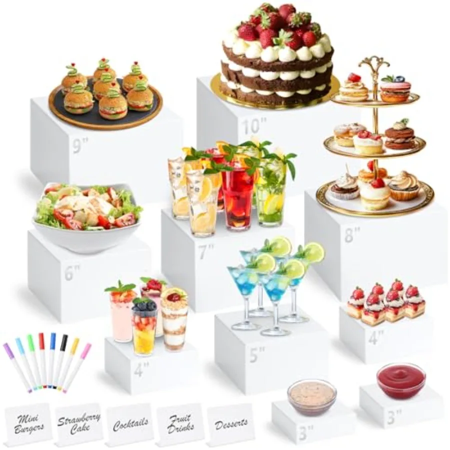 

10 Pcs White Acrylic Buffet Risers with Mini Sign and Marker Food Display Stands for Buffet Table Party Catering Dessert Jewelr