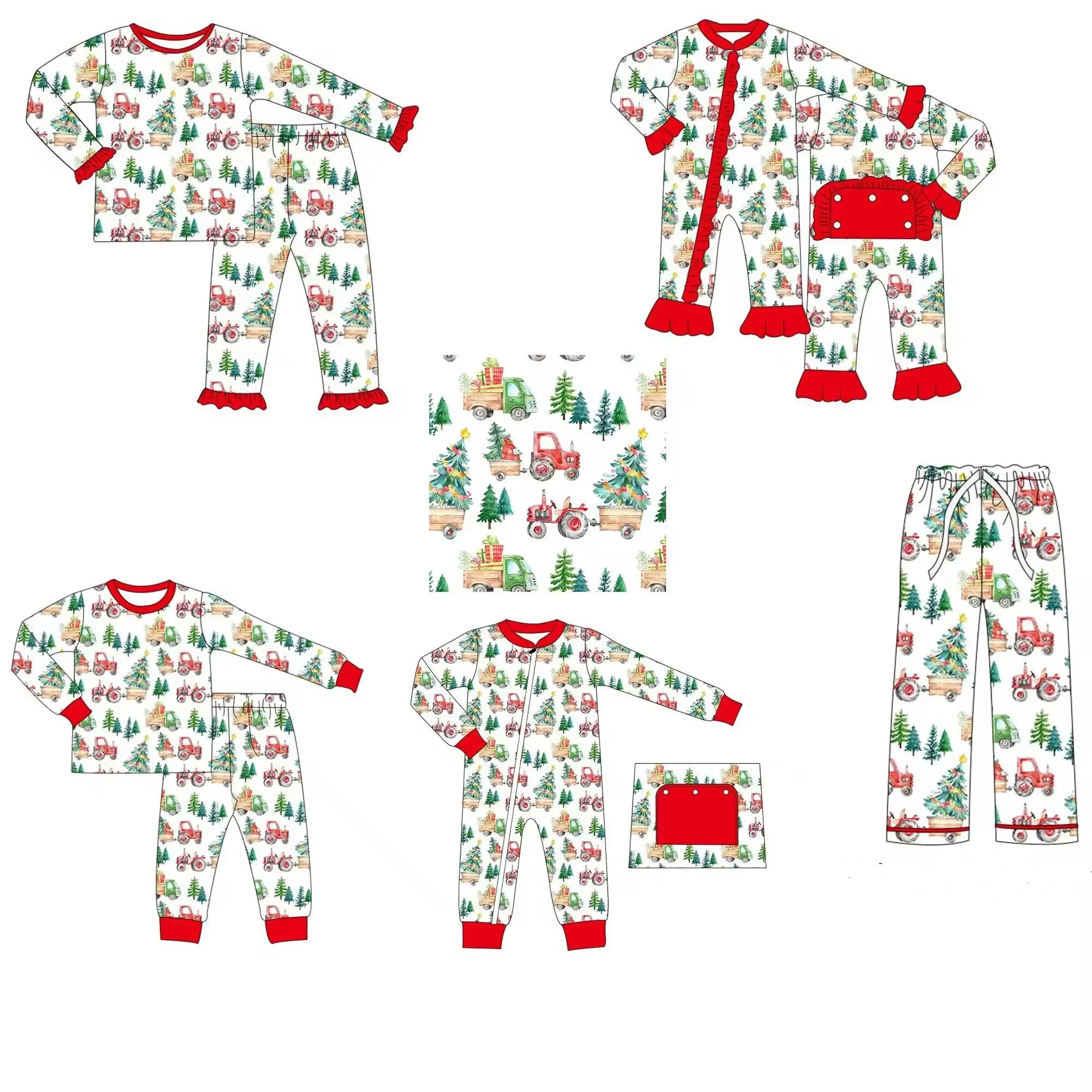 

Christmas boutique children's set long sleeve lace red truck Christmas tree print trousers lace girl boy pajamas set baby romper