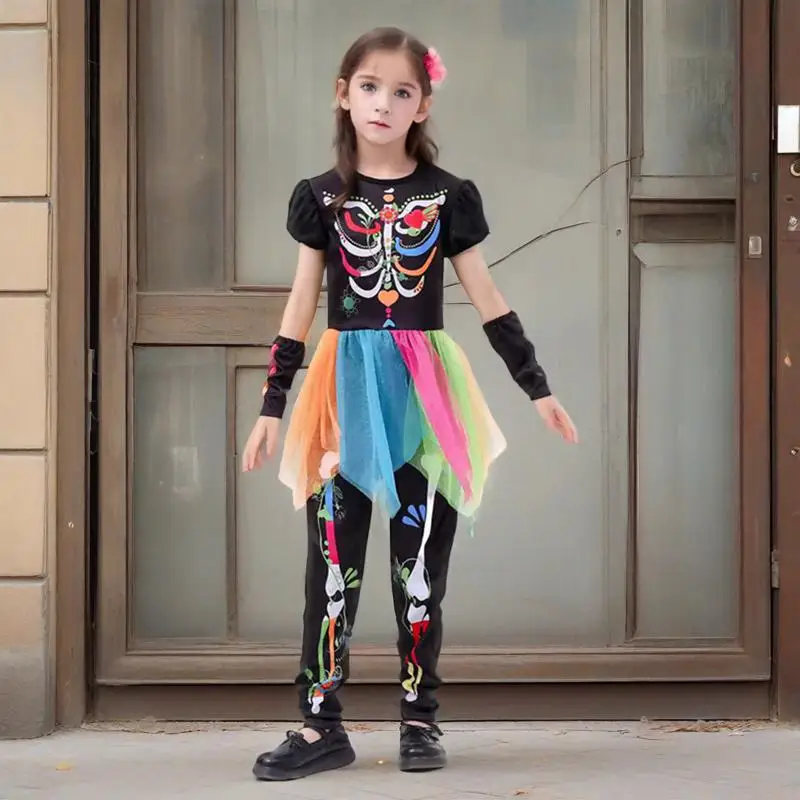 

Children's Halloween Skull Rainbow Jumpsuit Funny Party Dress Up Girls Show Costumes Personalized Holiday Outfits