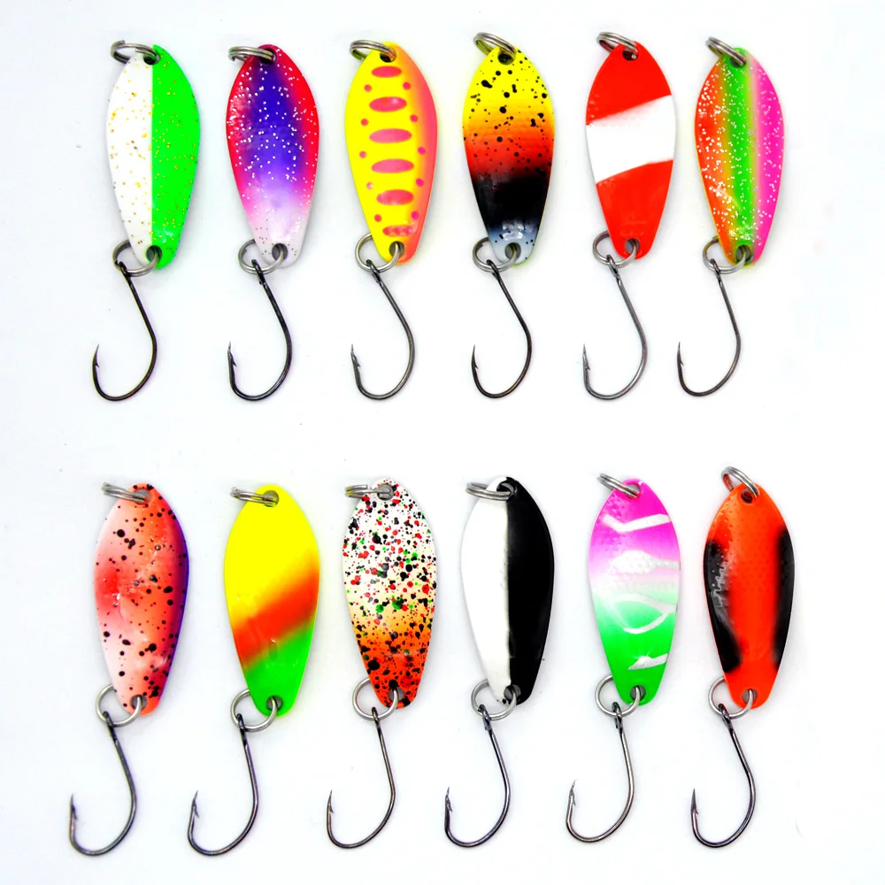 Fishing Lure Colorful Spoons 12 Pieces Set Metal Artificial Lures Hard Bait Single Hook 3g 3.1cm