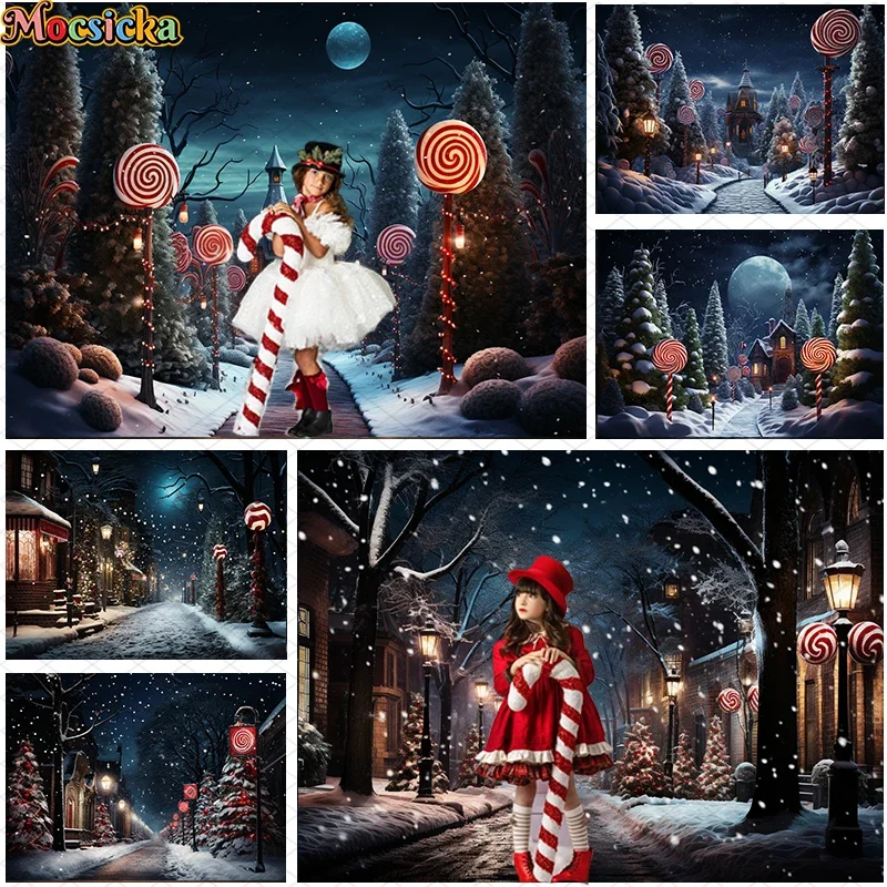 

Mocsicka Photography Background Winter Christmas Candy House Street Xmas Trees Kids Family Portrait Decor Photo Backdrop Studio