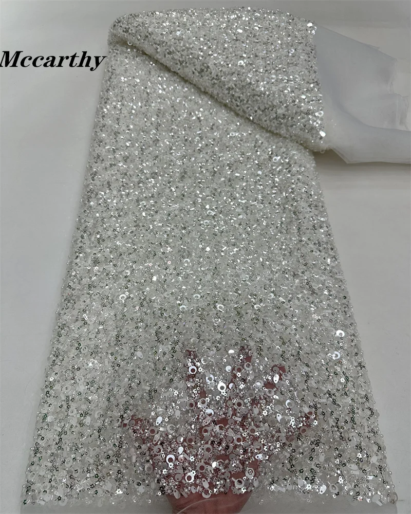 

Nigerian Heavy Handmade Beaded Tulle Lace Fabric 2024 African Luxury Sequins And Pearls Net Lace Fabric For Bridal Wedding Dress