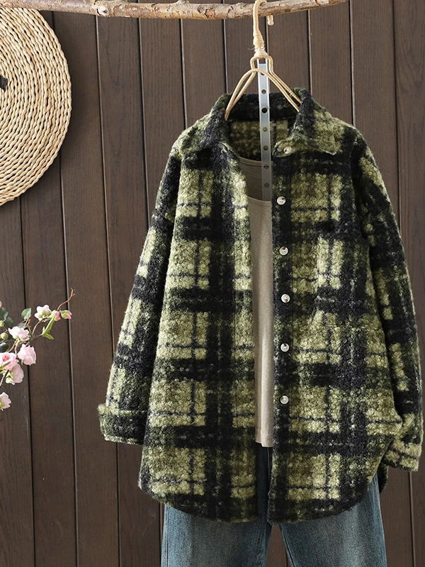 

Женское шерстяное пальто в стиле ретро с клетчатым узором, на одной пуговице, свободного кроя, для полных, повседневное, в гонконгском стиле