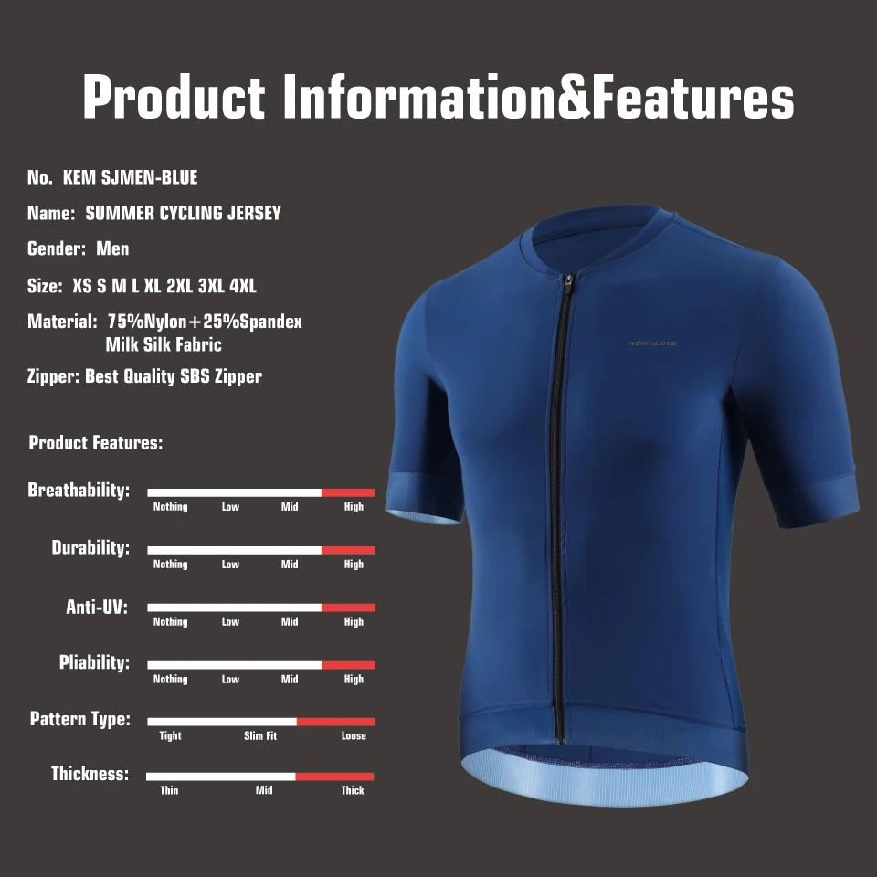 KEMALOCE Cycling Jersey Men Short Sleeve 2024 Summer Solid Blue&Black&White&Grey Reflective Breathable Cool Bicycle Bike Jersey