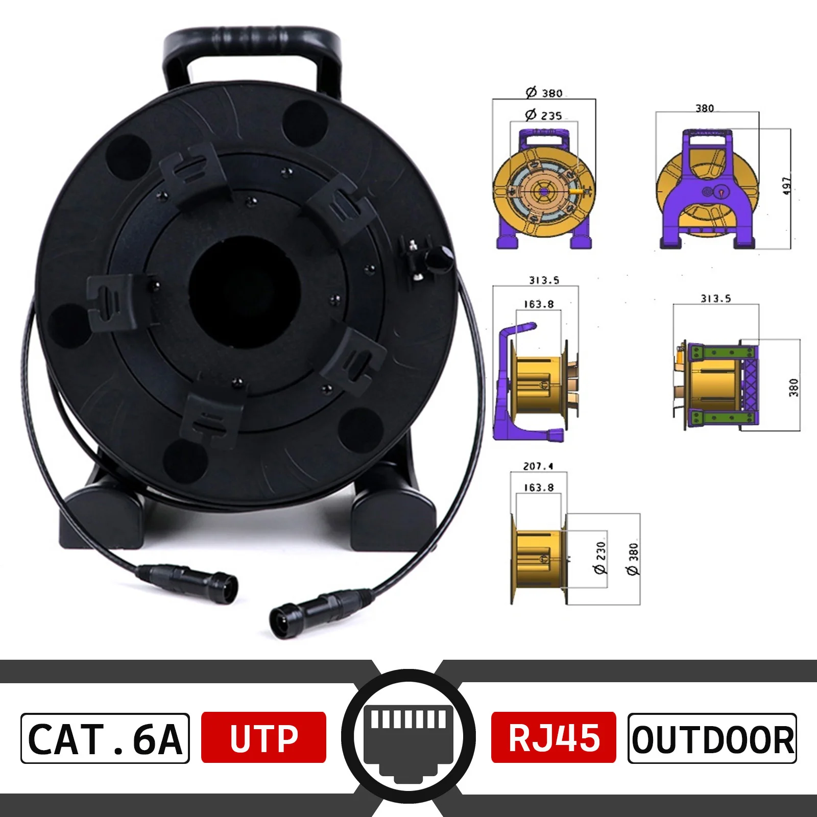 LED Stage UTP/STP CAT.5E/CAT.6A Ethernet Extension Cable,RJ45 Female Socket to RJ45 Female Socket with PCB380 Drum Reel Car