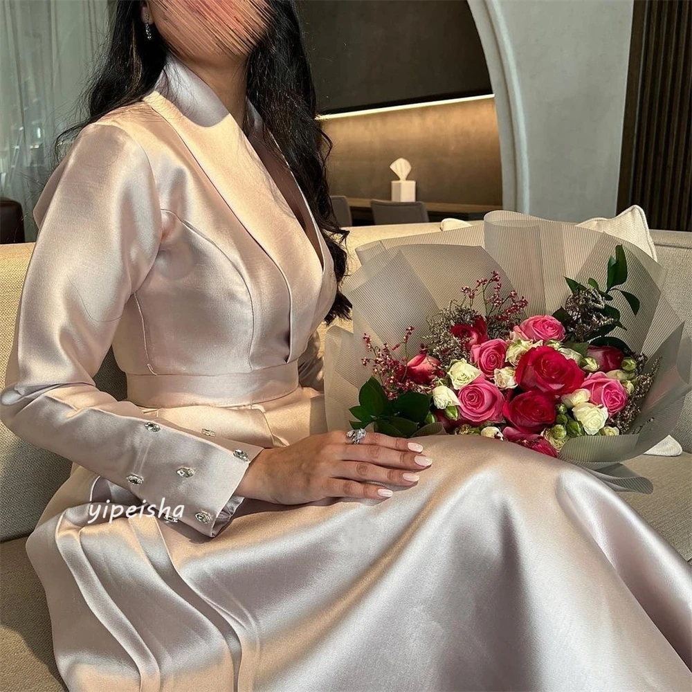 Ball Dress Saudi Arabia Evening Satin Draped Pleat Beading Wedding Party A-line V-Neck Bespoke Occasion Gown Midi Dresses