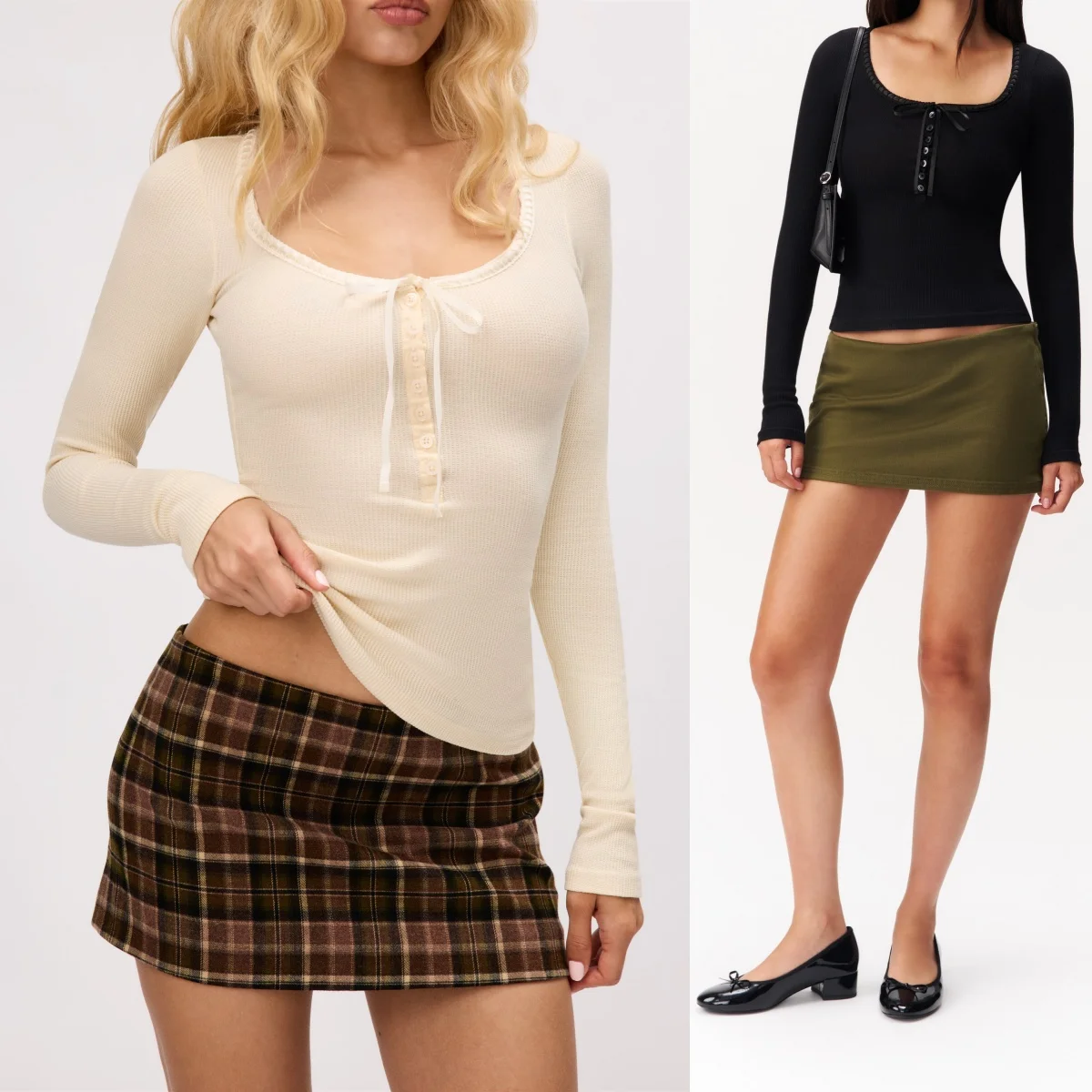 Guz Waffle Knit Square-Neck Fitted Base Shirt with Lace Ribbon Neckline, Black Waist-Cinching Short Top, Bowknot Half-Button Slim-Fit Short Base Shirt, Large U-Neck Waffle Knit Long-Sleeve Top
