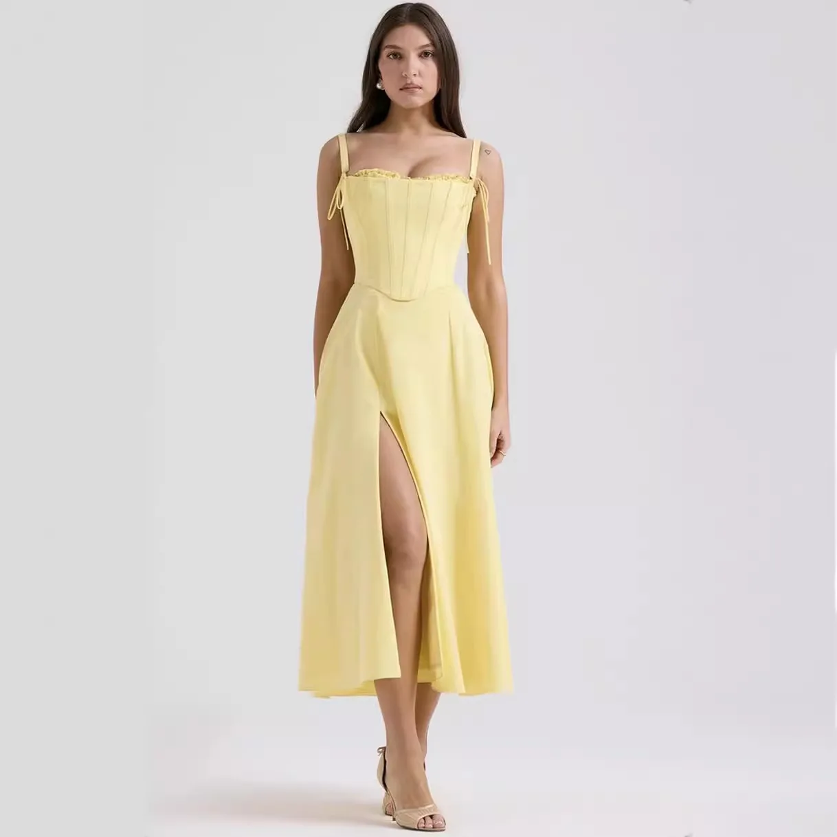 

Sexy Yellow Fishbone Lace Up Camisole Top Sexy Slit Strapless Dress Vacation Style Two-Piece Set