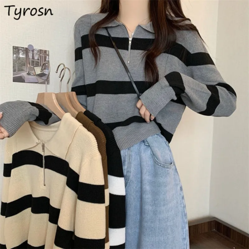 Pullovers Women Striped Students Tender Knitting Design Turn-down Collar Stylish Autumn Simple All-match Korean Style Classic