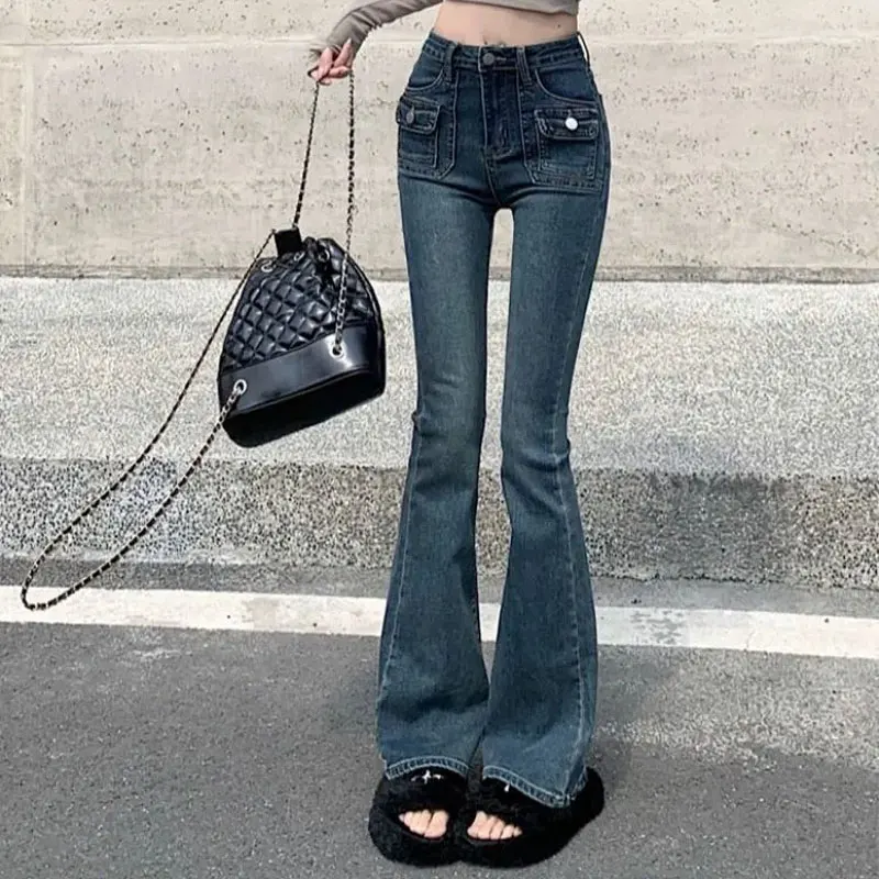 Women Vintage Dark Wash High Waist Flare Jeans Double Front Cargo Pocket Autumn Slim Stretch Fashion Long Bootcut Denim Trousers
