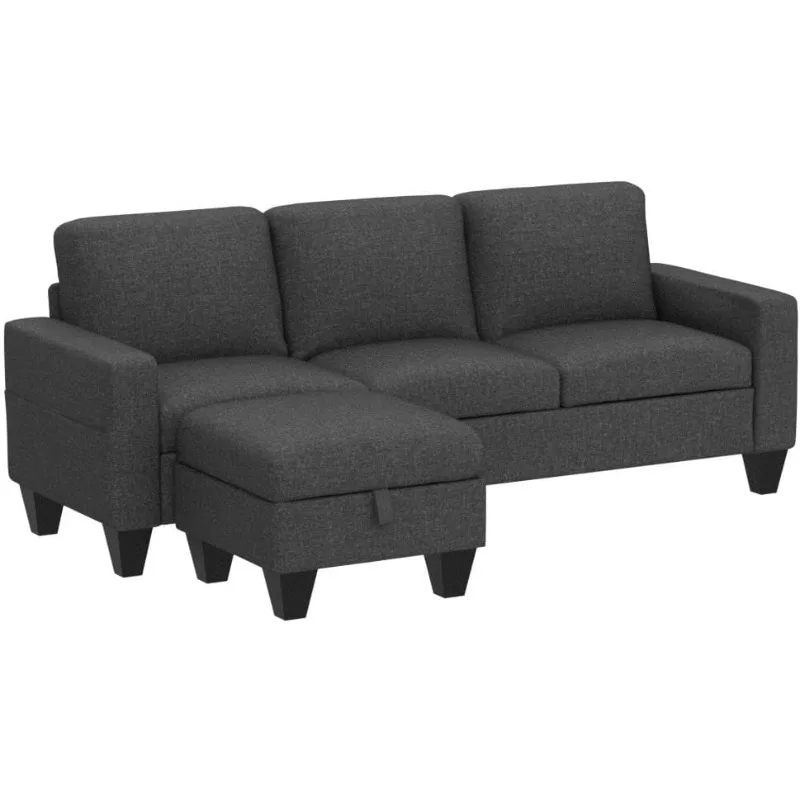 Cabrio Schnitts ofa L-förmige Couch, dunkle graue Sofas für Wohnzimmer mit Wende-Chaiselongue, 3-Sitzer moderner Leinens chnitt