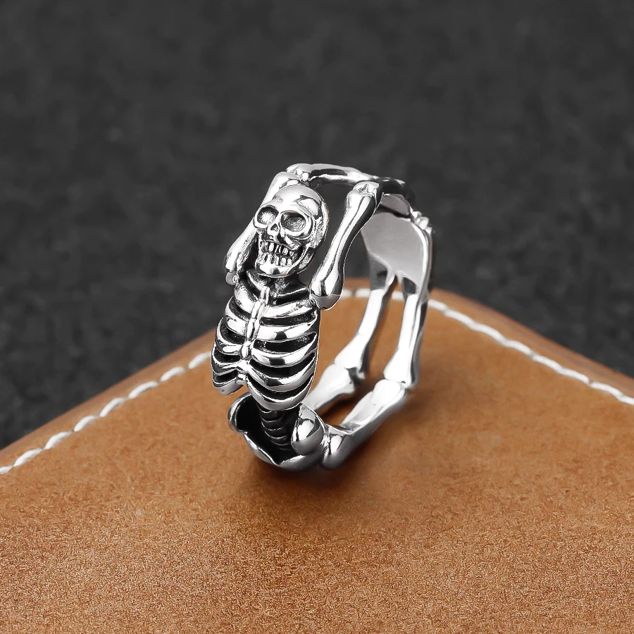 S925 sterling silver flip rear skull bone ring women's punk style personality dark series hip hop open ring