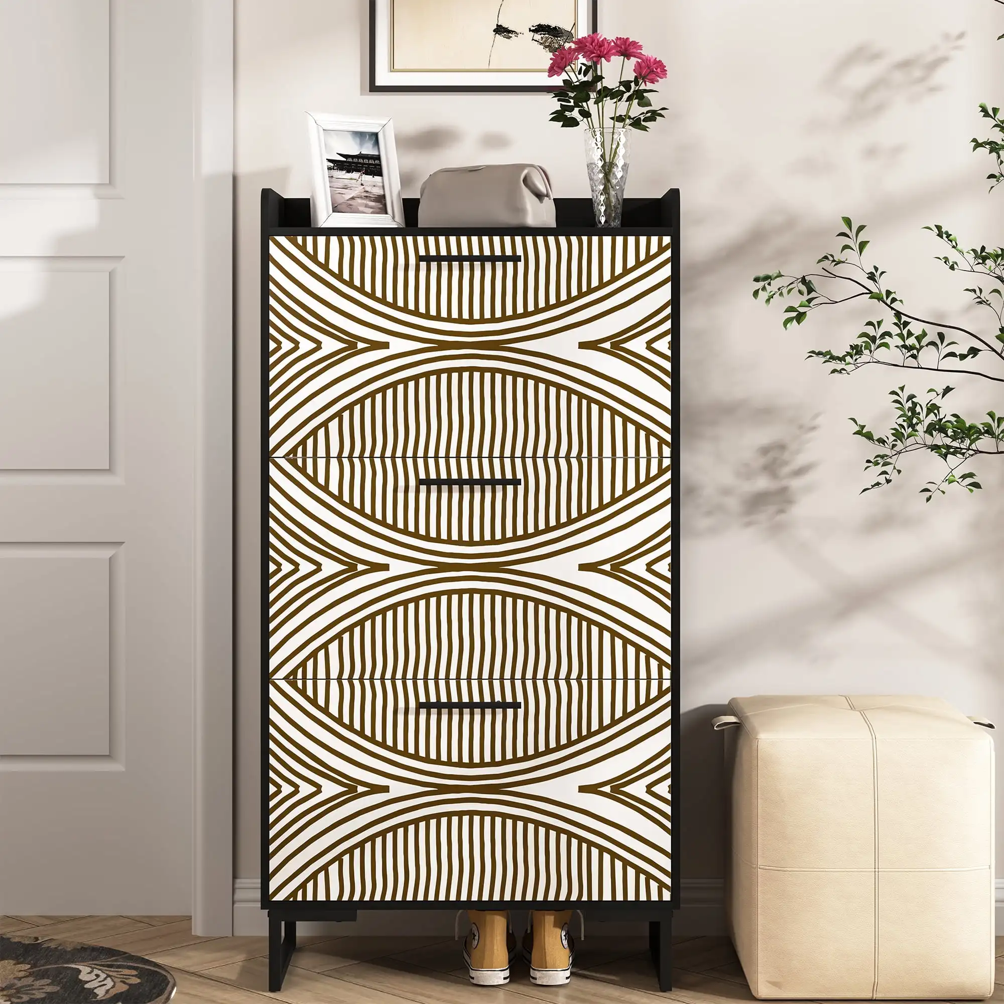 

3 Tiers Flip Shoe Storage Cabinet with PVC Painted, Modern Wood Shoe Rack Storage Organizer for Home, up to 20 Pairs,