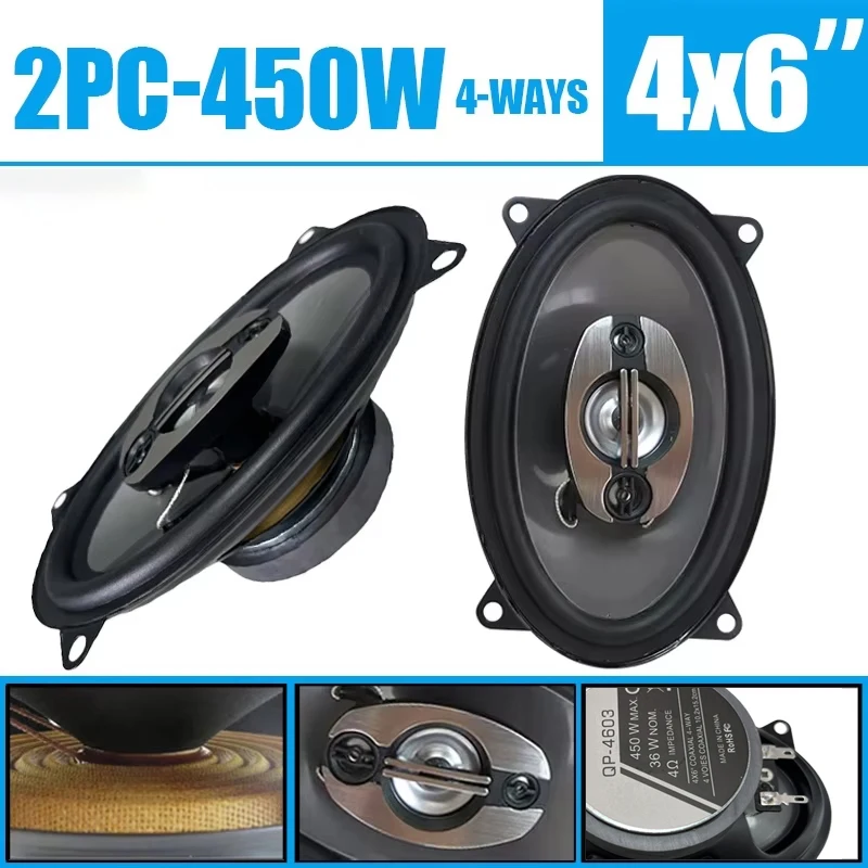 Altoparlanti per auto da 2 pezzi 4x6 pollici Suono coassiale a frequenza intera a 4 vie per suono stereofonico per auto Altoparlante dal design elegante 900 W (2x450 W)