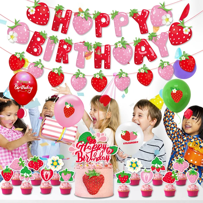 1set Strawberry Happy Birthday Cake Flags Strawberry Banner Cupcake Topper Fruit Sweety Party Cake Baking Decor DIY Balloons