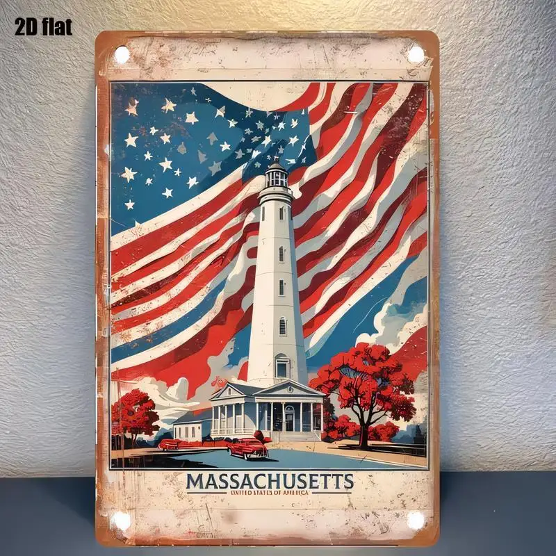 Massachusetts Lighthouse & US Flag Vintage Metal Sign - Retro Wall Art with Red Trees, Vintage Cars, Iron Material, Perfect for