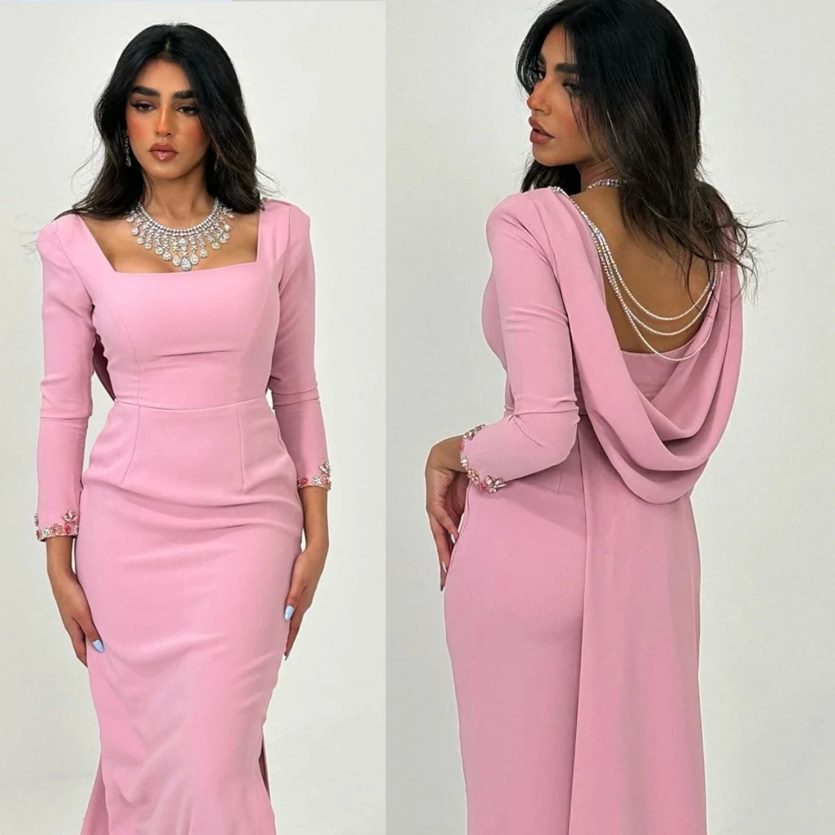 Elegante abito da sera con perline di cristallo a sirena con colletto quadrato rosa abito da sera con spacco laterale manica lunga arabo Dubai abiti da ballo muslimmuslimah 2023