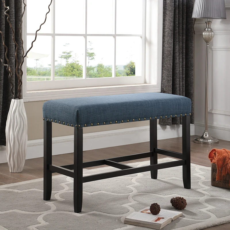 RV Biony Fabric Counter Height Dining Bench Wooden Base Comfort Seat Kitchen Diningwith Nailhead Trim, Blue On-Site