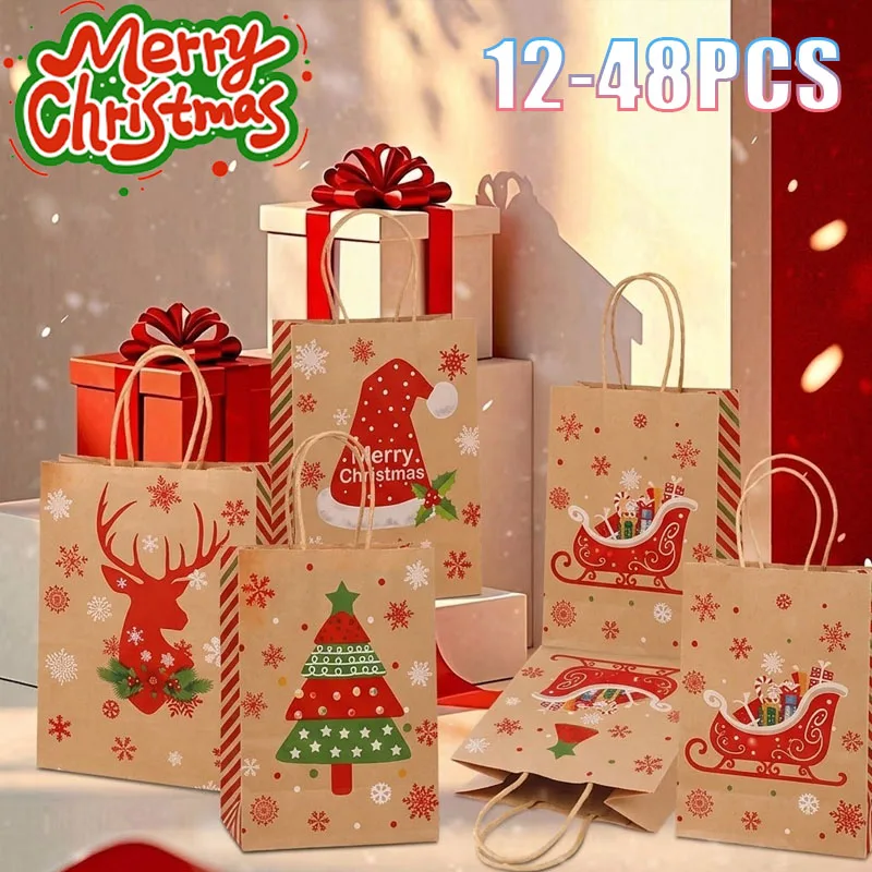 12-48PCS Holiday Treat Bags Kraft Paper Snowflake Reindeer Tote for Christmas Party Favor Candy Gift Wrapping Bag