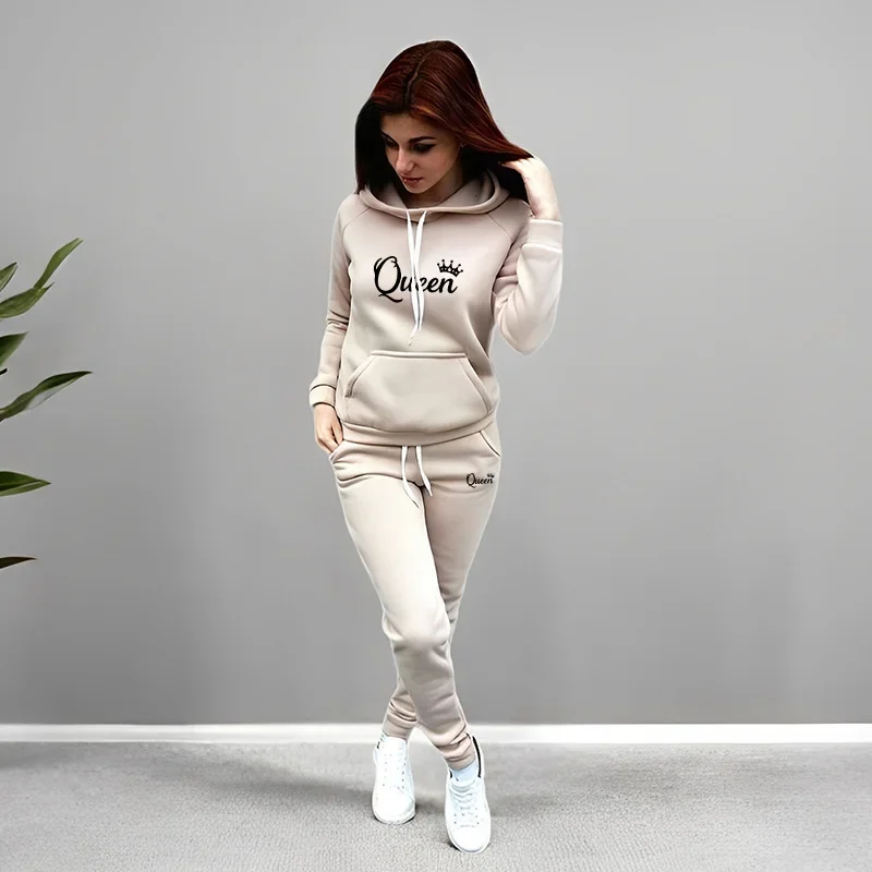 Womens Tracksuit Queen Letter Printing Hooded Sweatshirts Suit High Quality Jogging Outfits Clothing Fashion Casual Pants Sets view 6