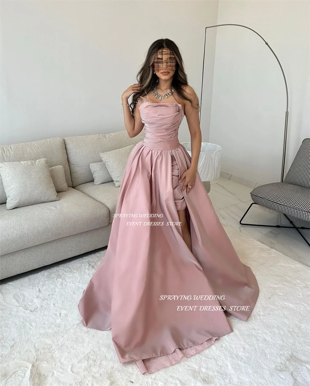 SPRAYING Dirty Pink Strapless Evening Dress A Line Sleeveless Prom Gown Pleats High Split Formal Occasion Dresses Custom Made