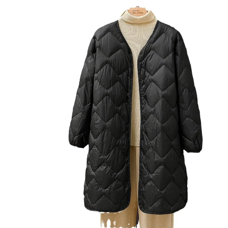 Down Coat Women Solid Jacket Diamond Quilt Button Round Neck Long Sleeves Long Loose Single Breasted Casual 2025 Autumn Winter