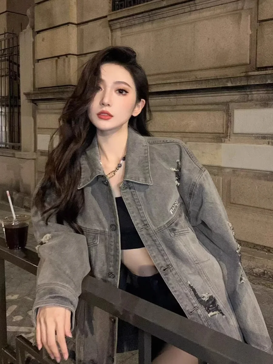 레트로 오버사이즈 데님 재킷 남성용 루즈핏 워싱 디스트레스드 캐주얼 아우터웨어 롱 슬리브 청년 트렌드 가을 의류