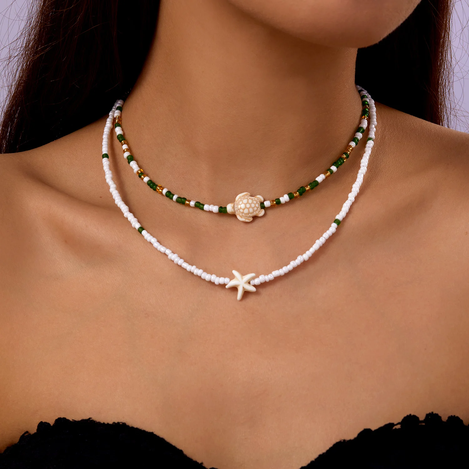 Bohemian Doppel Reis Perle Kette Schlüsselbein Halskette für Frauen Acryl Schildkröte Seestern Anhänger Halsband Sommer Strand Mode Schmuck – Detail 9