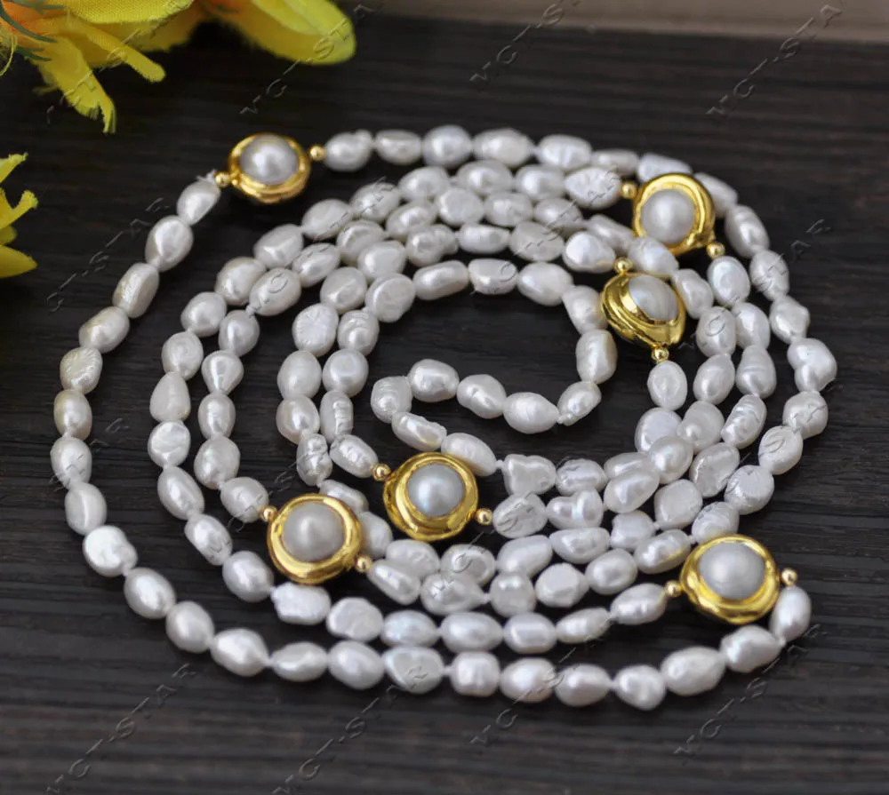 

Z13303 46" 14mm White Round Gold plated Baroque Pearl Necklace Custom Jewelry