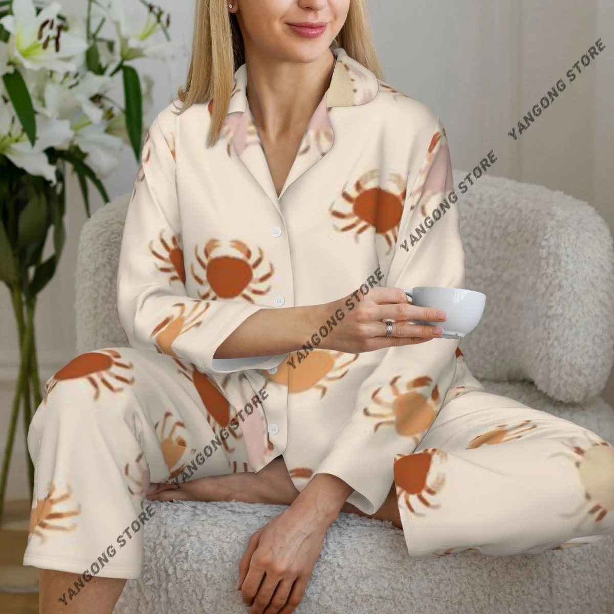 Women Sleepwear Pajamas Cute Crab Pattern Long Sleeve Pijama Female Set Negligee Cardigan Suit