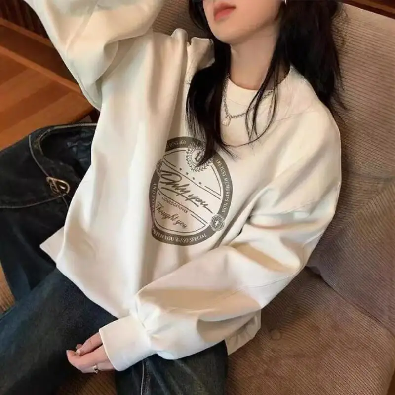 

Harajuku Style Pullover Round Neck Sweatshirt Fleece Lined Women's Early Spring Casual Loose Fit Korean Style Sports Hoodie