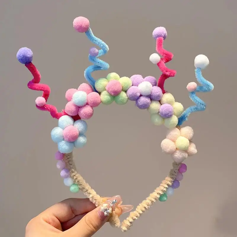 

【YY26】Cute Rainbow Balls Flower Hair Bands Princess Headband Sweet Plush Head Hoop Baby Girls Headwear Accessories