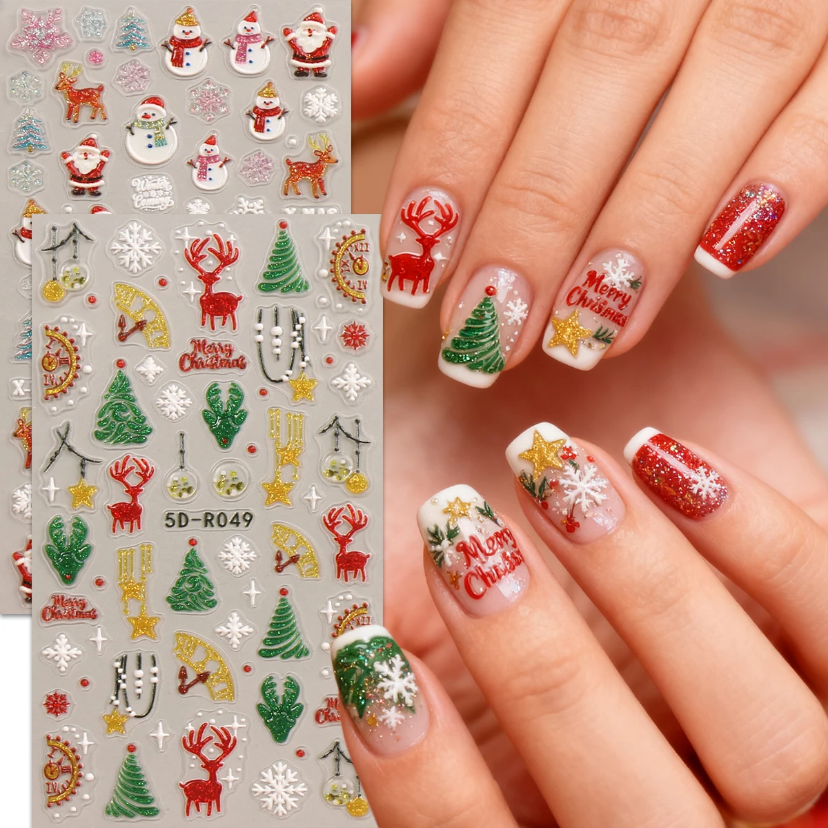 2 Stück Winter-Weihnachts-Nagelkunst-Aufkleber mit Prägung, niedlich, Cartoon-Thema, einfach aufzutragende Nageldekoration, DIY, Geschenk, Party-Make-up