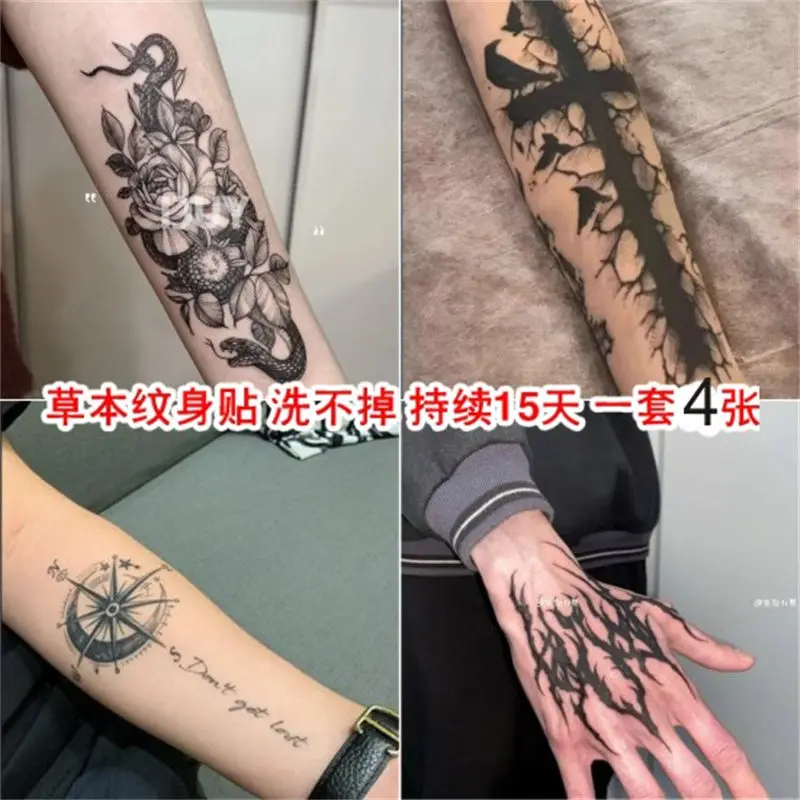 New Herbal Temporary Tattoos for Women Man Arm Compass Fake Tattoo Waterproof Moon Letter Art Tattoo Festival Lasting Stickers
