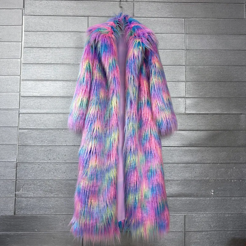 Women's Wool Colourful Fluffy Coat Faux Fur Long Length Suit Collar Winter Overcoat Comfortable Fashionable Jackets for Women
