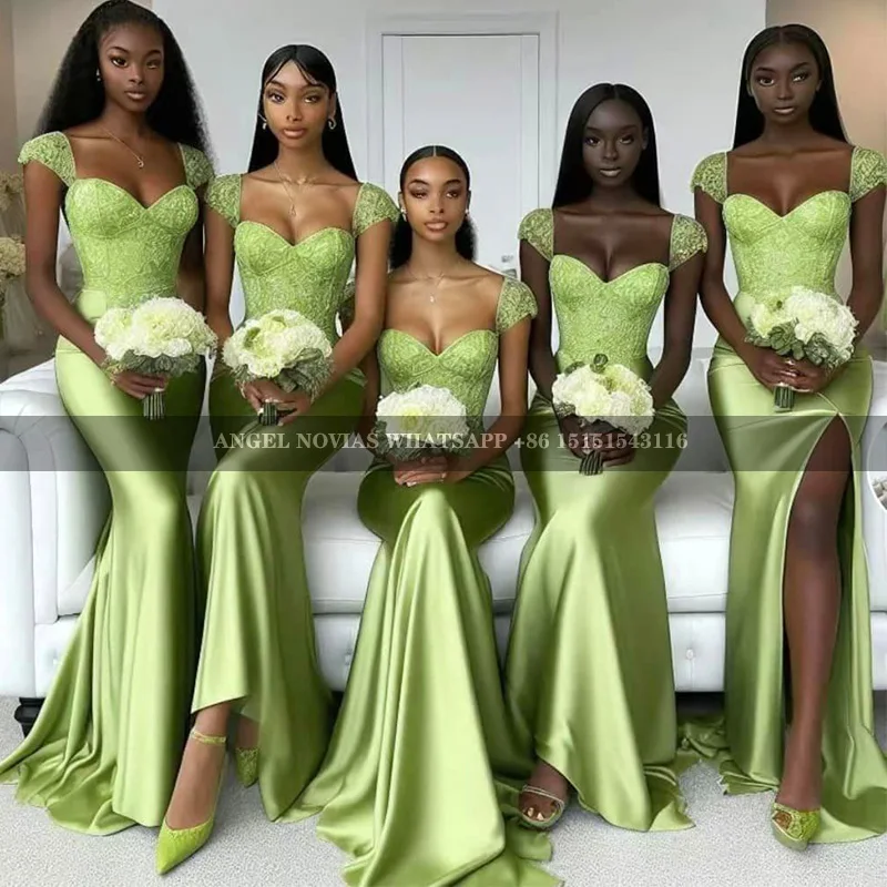 

Sexy Long Green Bridesmaid Dresses Cap Sleeves Satin Wedding Guest Dress Leg Split Maid of Honor Gowns Plus Size