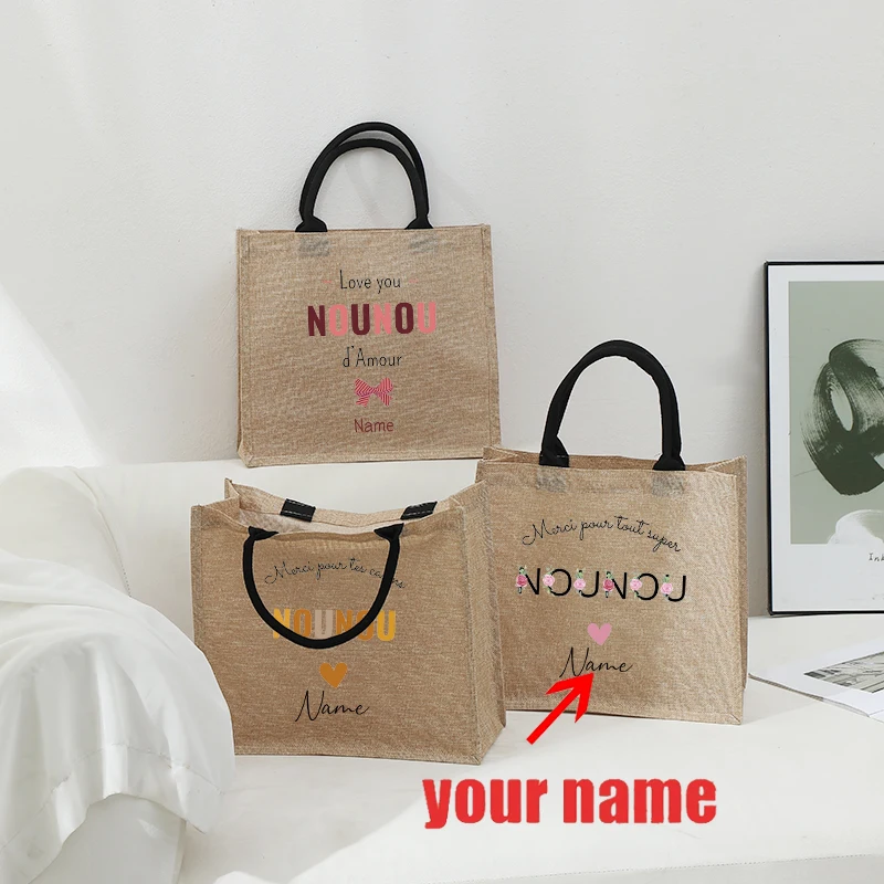 

Customizab with Name Flowery Letter Nounou Patterns Jute Tote with Hand Shopping Bag Nanny Mother Women Thanks Christmas Gifts