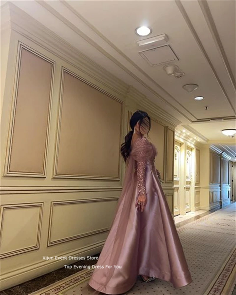 Xijun Sparkly Pink Prom Gowns Floor Length A-Line Evening Dress Formal Occasion Long Sleeves Party Gowns Vestidos Saudi Arabric