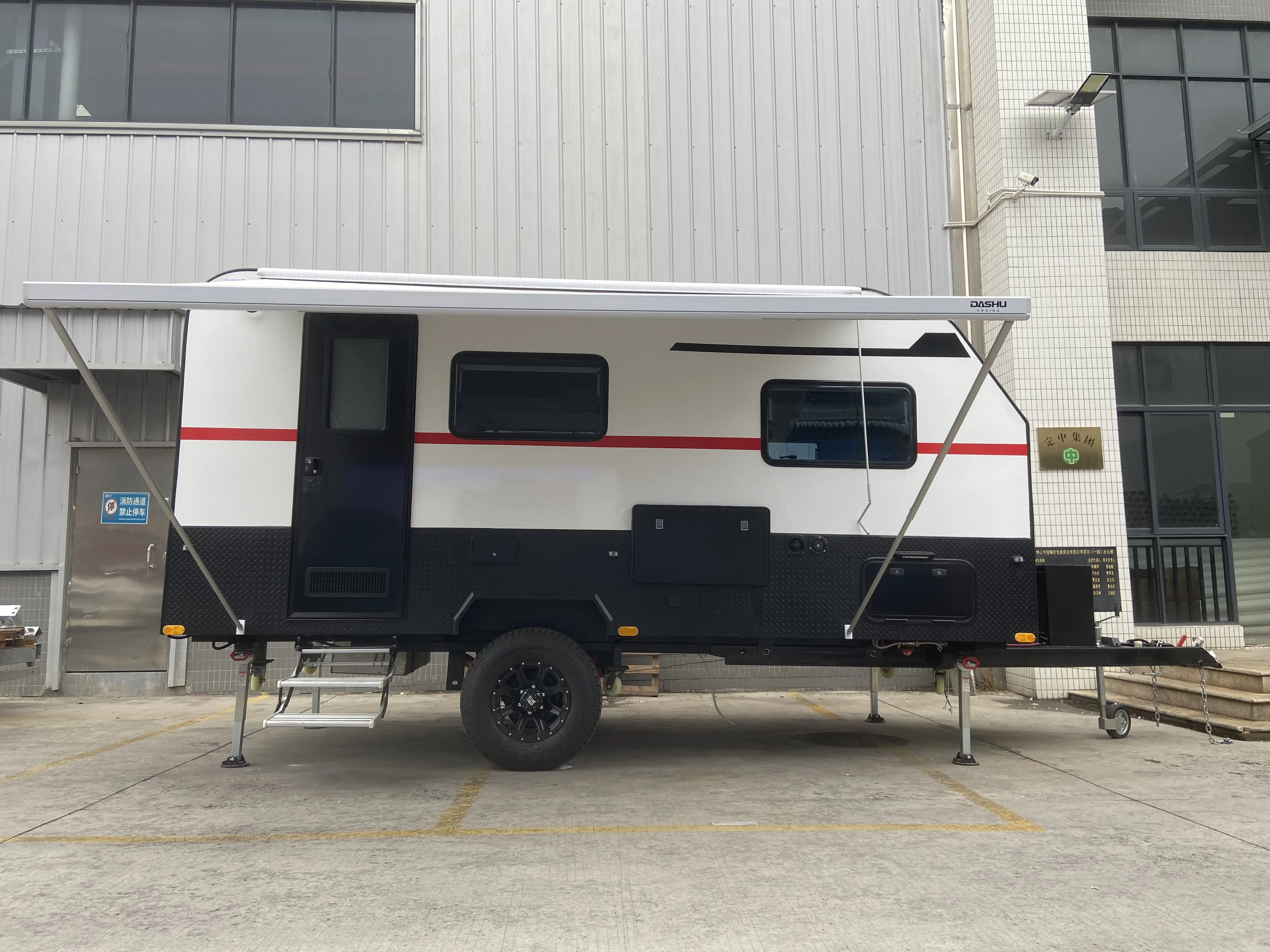 Off-road adventure camping trailer with convertible roof and solar system for family outdoor camping
