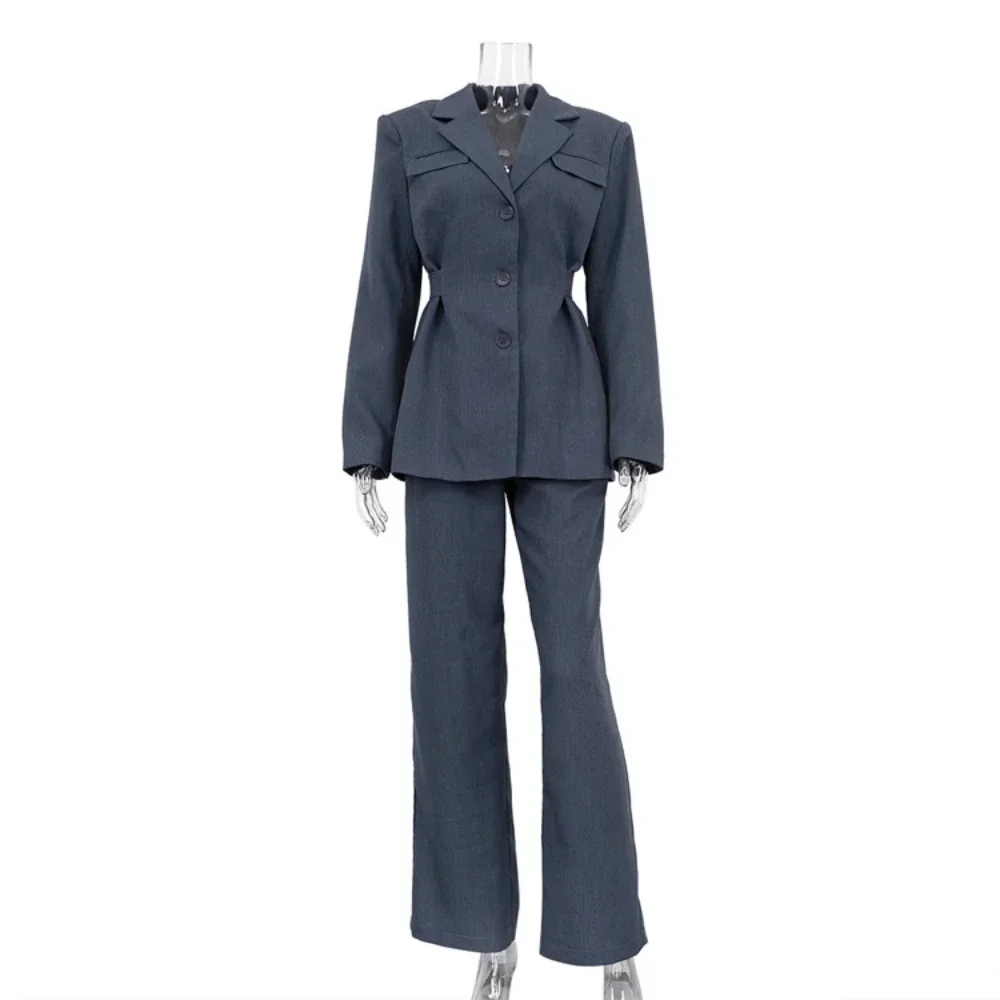 Blazer de cintura casual e calça feminina, jaqueta e calça de três botões, cor loid, gola de virada para baixo, roupas de duas peças, 2024