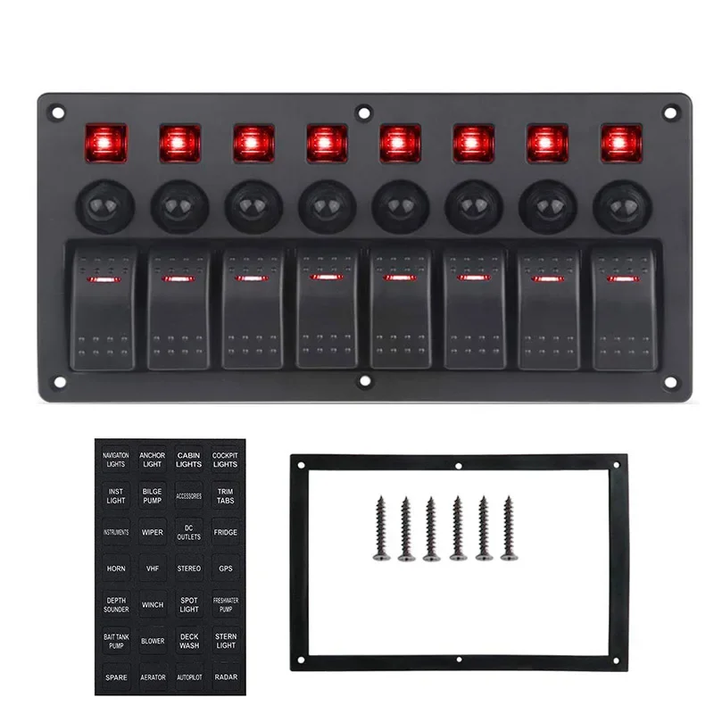ELING 8 Gang LED Rocker Switch Panel Car Toggle Air Switch Breaker DC 12/24V for Car Boat Marine Yacht RV Camper Truck Trailer