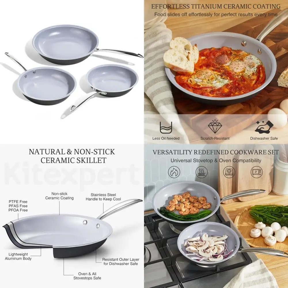 

Non-Toxic Titanium Ceramic Nonstick Frying Pan Set, 8, 9.5, 11 Skillet Set with Stainless Steel Handle, Healthy Cooking Option