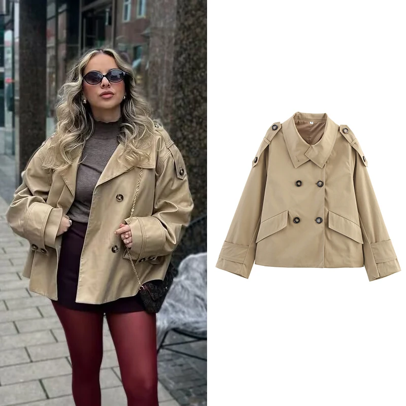 

Женский короткий плащ, осенний модный двубортный плащ с длинными рукавами, винтажная женская верхняя одежда, шикарные топы